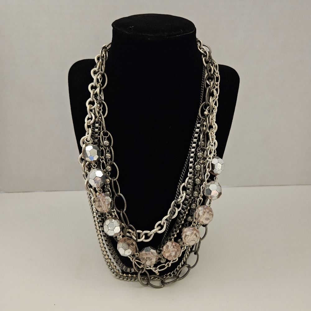 Necklace multi strand silver tone & beads